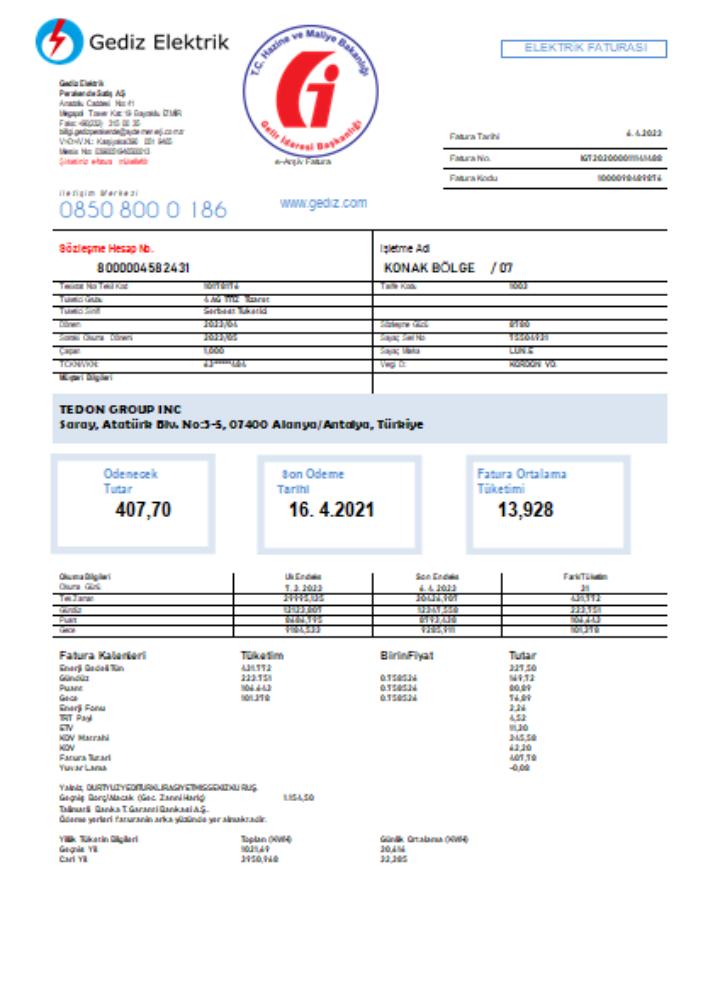 Download Gediz Elektrik utility business bill,  SCR Photoshop template